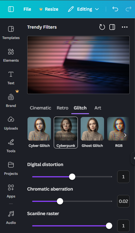 Trendy Filters filter customization screen